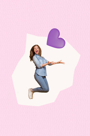 Vertical photo collage of happy girl jump violet heart icon valentine day holiday celebration like reaction isolated on painted backgroundの写真素材