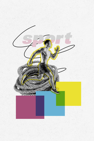 Poster vertical photo collage of serious sportsman run jogging marathon hobby ribbon athlete hobby sprint healthcare conceptの写真素材