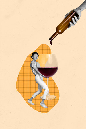 Vertical photo collage of girl carry big wine glass hand pour drop champagne beverage friday relax isolated on painted backgroundの写真素材