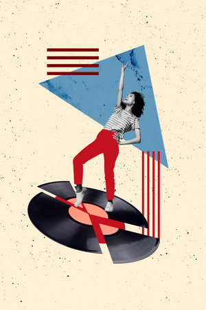 Exclusive artwork banner creative collage of happy girl dance retro vinyl disk celebration event melody chill playlist trackの写真素材