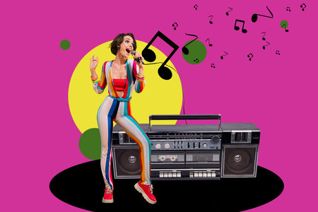 Composite photo collage of excited girl singer sing microphone retro karaoke boombox player occasion...