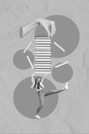 Vertical collage picture of big arm little black white effect girl hold huge pile stack book isolated on painted backgroundの写真素材