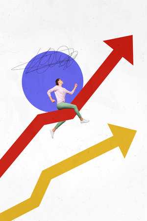 Vertical photo collage of happy business girl run promotion path arrow career growth success aim...
