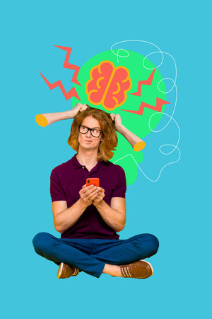 Vertical photo collage of minded redhead man think solution brain contemplation hold phone plan idea...