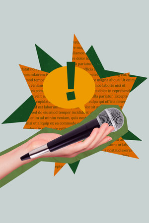 Vertical photo collage of hand hold voice microphone karaoke occasion event strike voice revolution bubble isolated on painted backgroundの写真素材