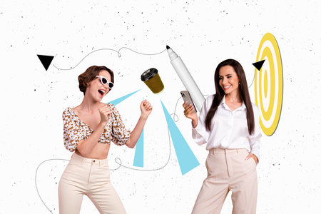 Composite trend artwork 3D sketch image photo collage of office manager two young lady dance relax hold smartphone aim target cup drinkの写真素材