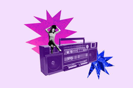 Composite photo collage of happy girl sit retro boombox recorder entertainment event weekend party...