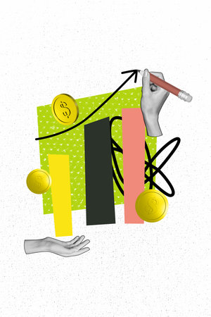 Sketch image trend artwork montage 3D photo collage of trader business money coins budget earnings success hand hold pen write arrow upの写真素材