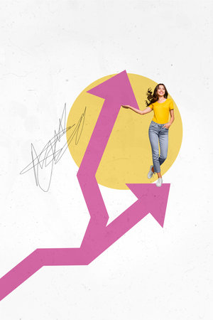 Vertical photo collage of happy girl show success promotion arrow development progress achievement isolated on painted backgroundの写真素材