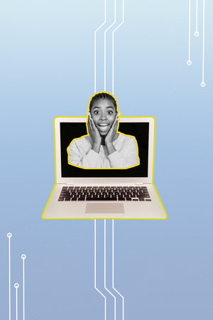 Vertical photo collage of astonished american girl peek laptop screen freelancer device occupation...