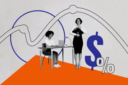 Composite trend artwork sketch image photo collage of office manager workspace business two young lady work laptop earn money dollarの写真素材