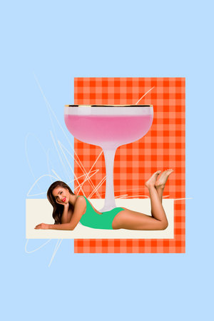 Composite 3D photo collage design trend sketch of young lady model posing wear swimsuit retro style huge glass drinkの写真素材