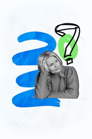 Vertical photo collage of dissatisfied old woman think solution question sign dilemma contemplation...