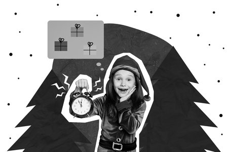 Creative photo collage illustration of funny positive cheerful kid in elf costume hold clock hand on...