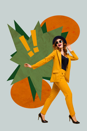 Vertical photo collage of excited fashion girl wear formal yellow suit flash exclamation mark glamour isolated on painted backgroundの写真素材