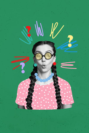Vertical photo collage of astonished nerd girl open mouth brunette hairdo braids question mark dilemma isolated on painted backgroundの写真素材