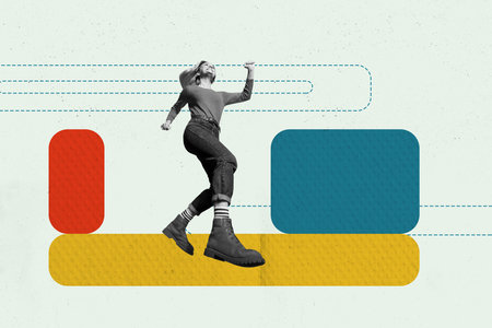 Trend artwork creative sketch 3D photo collage of monochrome young lady walk way wear warm clothes boots platform cube geometry figureの写真素材