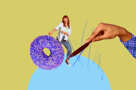 Exclusive magazine sketch collage image of happy girl guy stand sweet donut dessert glaze sprinkles decor hand hold knife cutの写真素材