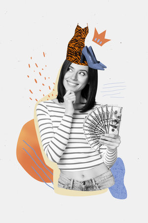 Vertical photo collage of happy girl think black friday shopping clothes discount hold money rich dollar sale isolated on painted backgroundの写真素材