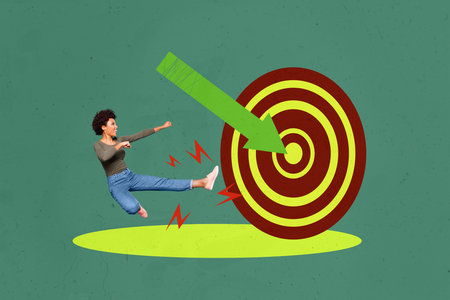 Composite trend artwork sketch image photo collage of aim target trader arrow point goal young man run challenge flag vacancy candidateの写真素材