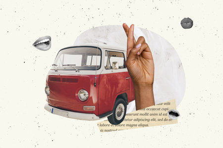 Composite photo collage of hand show crossed fingers pray wish summer travel hippie bus travel dream mouth isolated on painted backgroundの写真素材