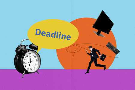 Creative collage picture young businessman entrepreneur rush hurry deadline time management monitor keyboard suitcase agentの写真素材