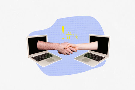 3D collage trend artwork composite sketch poster of anonymous arm gesture unity together deal partnership laptop display remote distanceの写真素材