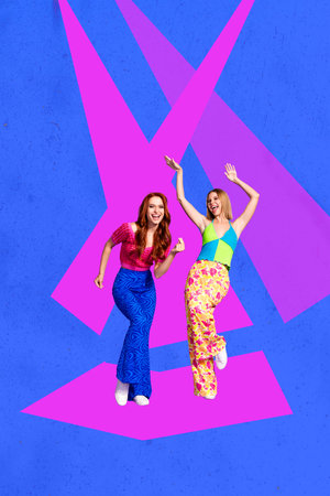 Trend artwork poster composite sketch image collage of two young woman happy smile dance nightclub event leisure rest entertainmentの写真素材