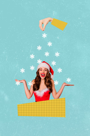 Trendy vertical composite art photo collage of excited girl catch winter snowflakes wear santa claus dress hat xmas occasion eventの写真素材
