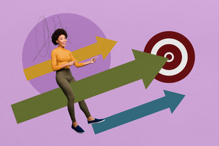 Creative collage picture young woman arrow direction target goal aim improvement inspiration achieve accomplish gesture showing fingerの写真素材