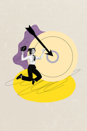 Vertical photo collage of excited pilot businesswoman jump arrow darts strategy achievement aim...
