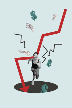 Sketch vertical photo collage of inexperienced businesswoman businessman stand arrow decline dollar loss crisis inflation bankruptの写真素材