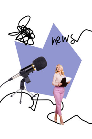 Vertical sketch 3d image banner collage of happy girl correspondent hold clipboard microphone interview broadcastの写真素材