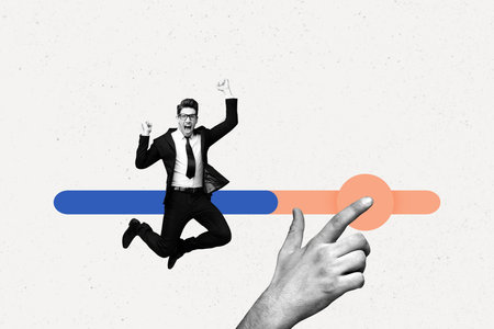 Banner image pop artwork 3d photo collage of excited businessman jump switch development career hand push button motivationの写真素材