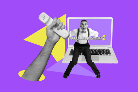 Creative poster banner 3d collage photo of happy businessman stand laptop hand hold telephone receiver freelancer occupationの写真素材