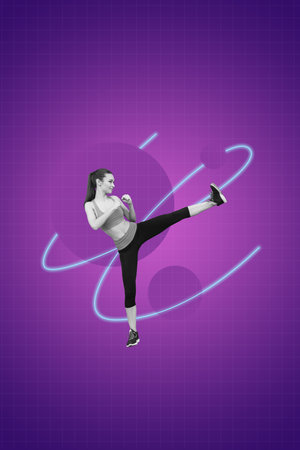 Trend artwork banner sketch 3D collage of sport determination hobby care warmup motivation healthcare fit young woman karate kick punchの写真素材