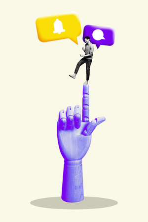 Trend banner artwork 3d photo collage of happy guy dance wooden hand point bubble communication cloud chatterbox bell notificationの写真素材