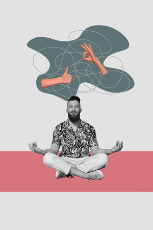 Template sketch image composite collage of solution online therapy psychology mind cloud young man sit meditate balance gesture thumb okの写真素材