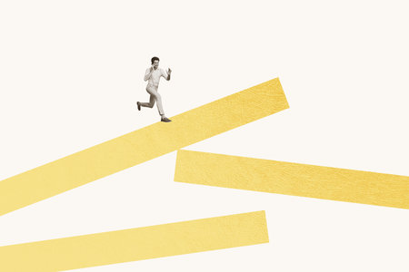 Creative artwork image poster 3d banner collage of happy manager businessman run chart development aim achievement progressの写真素材