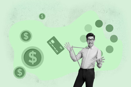 Collage of surprised person surrounded by dollar symbols and credit card representing income earnings and currency conceptの写真素材