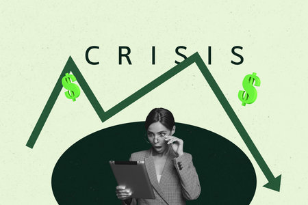 Composite image collage of inexperienced businesswoman businessman stand arrow decline dollar loss crisis inflation coinの写真素材