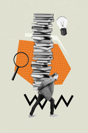 Pop art image poster 3d banner collage of minded guy carry book stack loaded magnifier lens zoom light bulb idea finding inspirationの写真素材