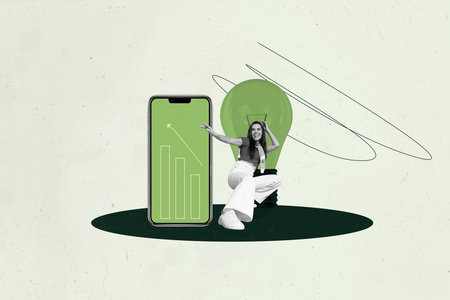 Poster image picture sketch collage image of happy businesswoman businessman stand phone screen light bulb arrow development planの写真素材