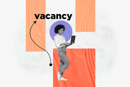 Banner image sketch 3d collage poster of happy employee girl guy stand arrow vacancy hiring interface business human resources cvの写真素材