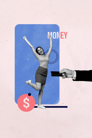 Banner collage of person stand win credit near dollars sign circle with money phrase on pink backgroundの写真素材