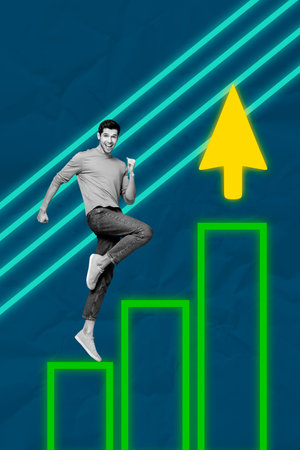 Trendy 3d poster artwork photo collage of happy businessman walk ladder cyber arrow development progress up statistics chanceの写真素材