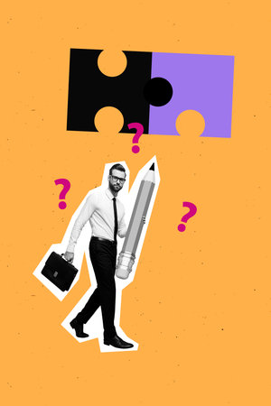 Trend artwork design collage sketch of sticker young man walk hand hold pencil puzzle piece match mind startup puzzle decision brilliantの写真素材