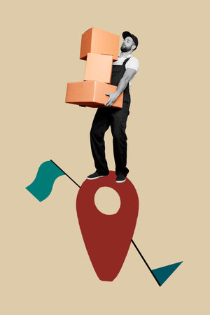 Template poster trend artwork photo collage of young man stand point location hold package shoppingの写真素材