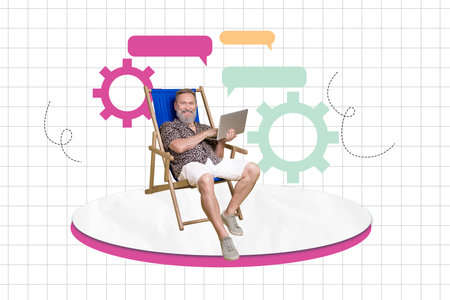 Artwork sketch banner full 3d collage of happy old man manager sit longer type laptop bubble message gearwheel optimizationの写真素材