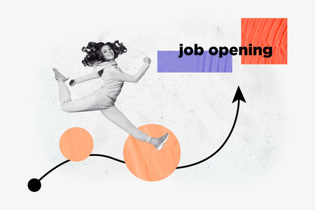 Pop zine 3d image collage of happy businesswoman businessman stand arrow pointer job opening vacancy search recruitment workの写真素材